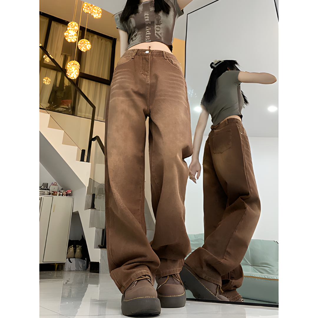 Brown Coffee Color Straight Loose Wide-leg Jeans