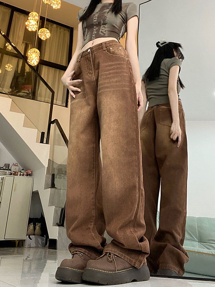 Brown Coffee Color Straight Loose Wide-leg Jeans