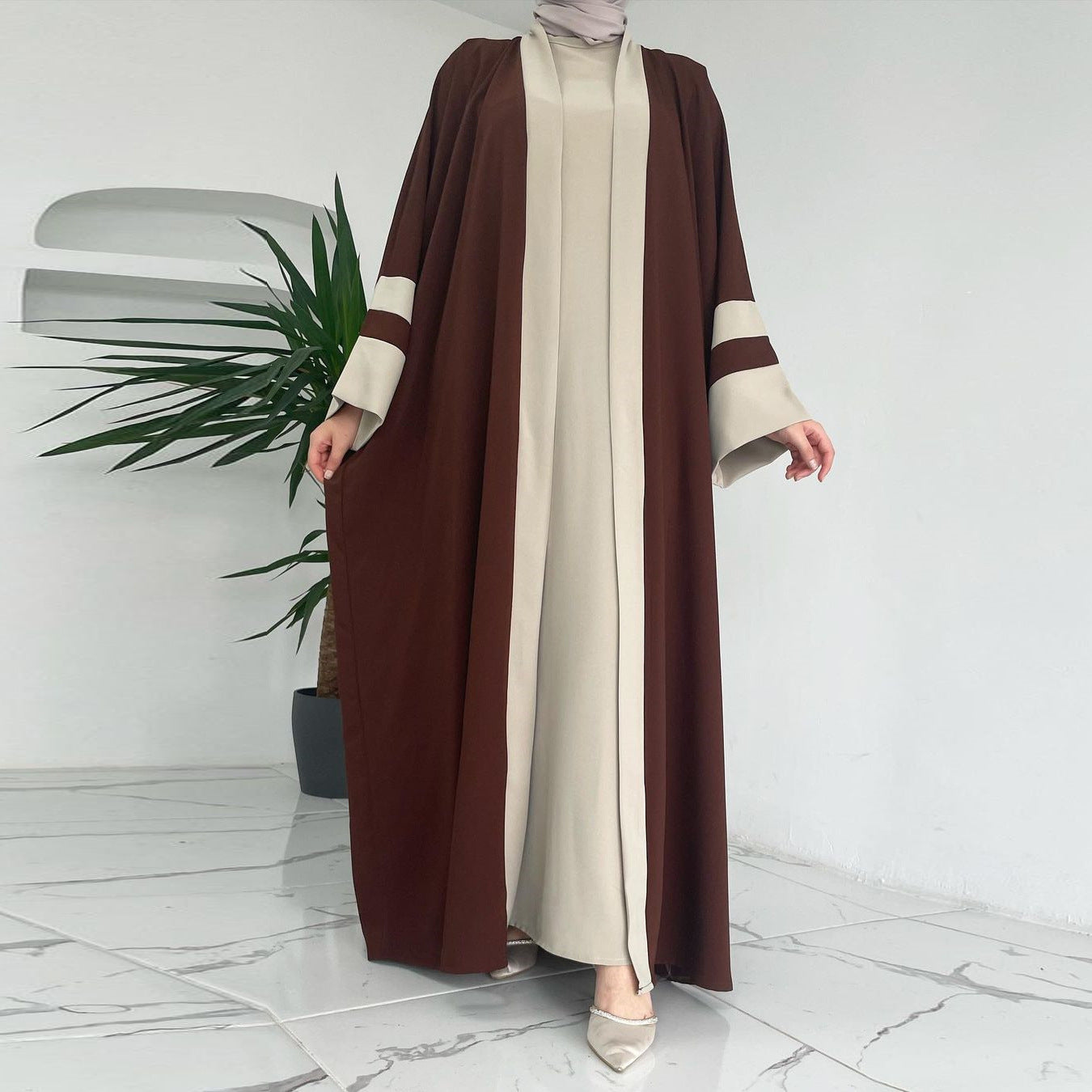 Elegant Brown Color-Blocked Abaya