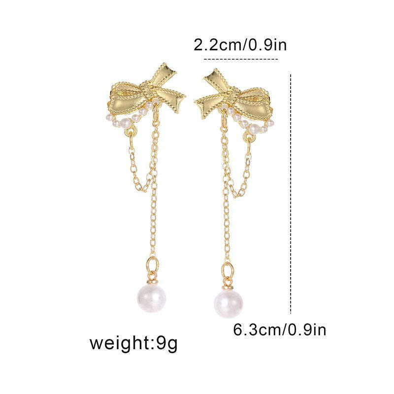 Bow Earrings Women's Long Tassel Pearl Earrings Korean Temperament High-end Personalized Earrings - Dress To Impress