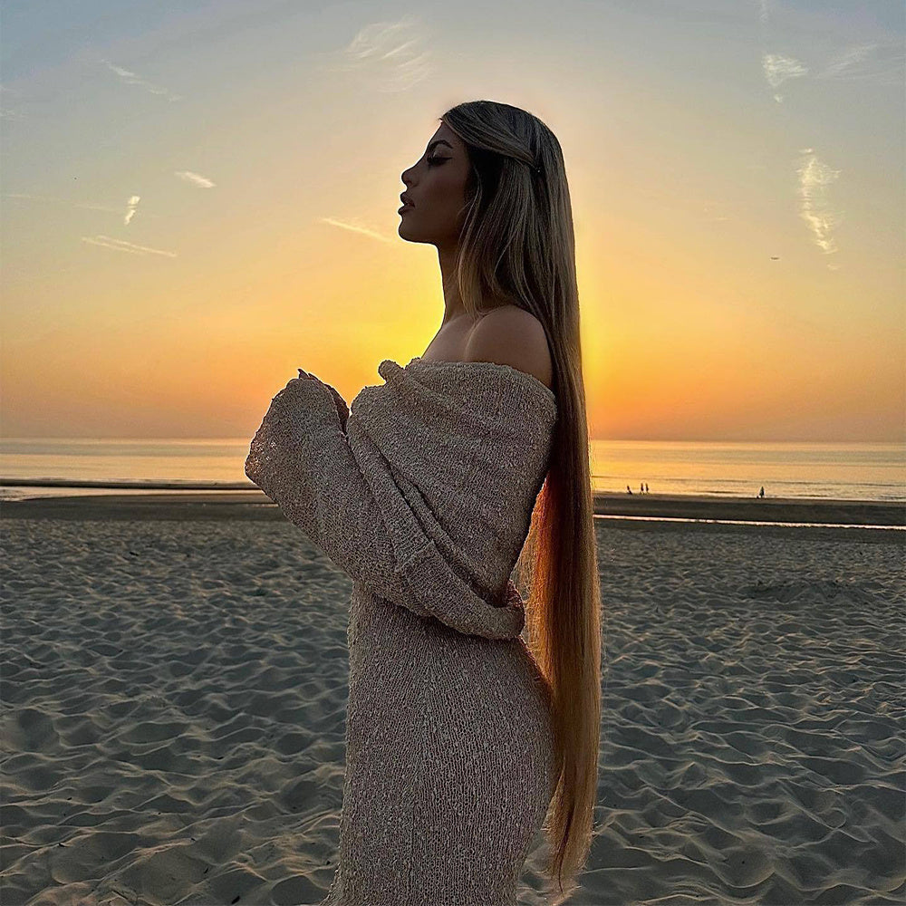 Off-Shoulder Knitted Long-Sleeve Beach Dress