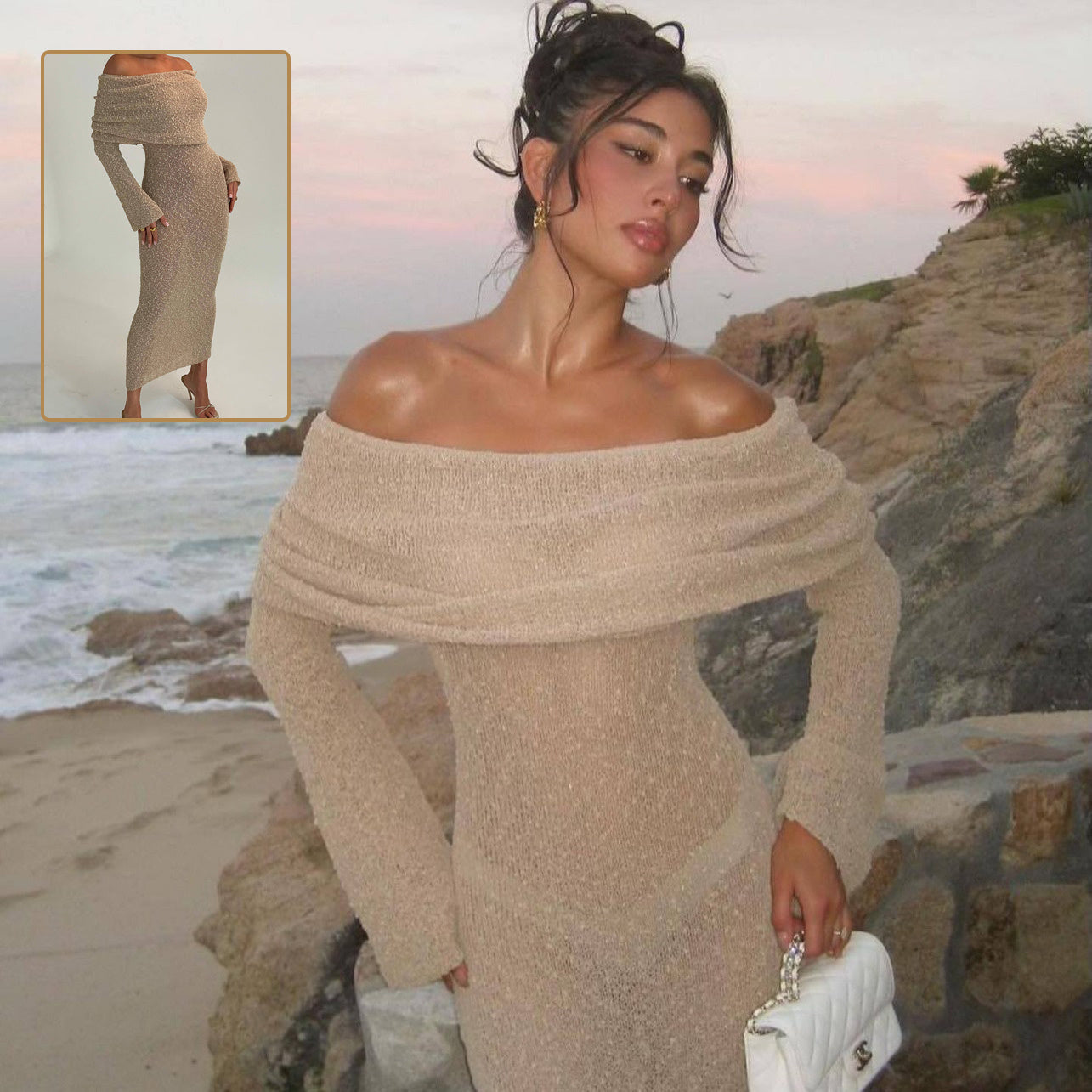 Off-Shoulder Knitted Long-Sleeve Beach Dress