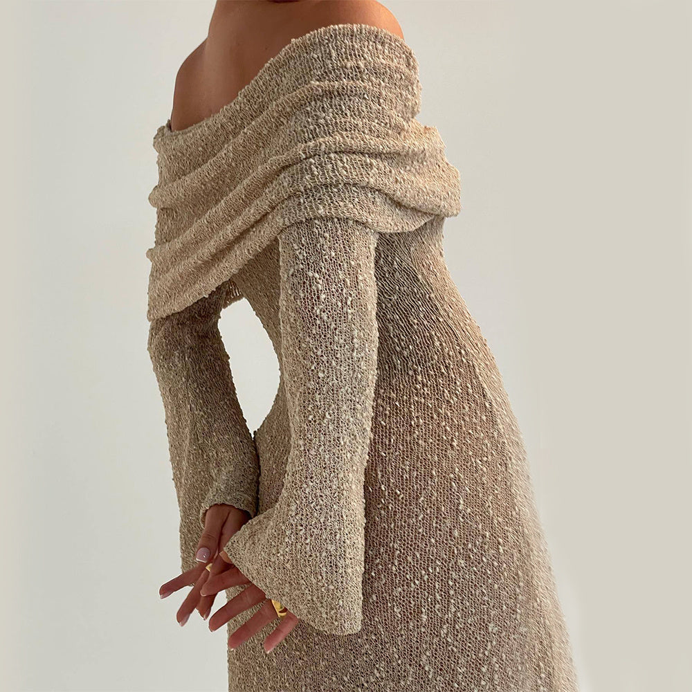 Off-Shoulder Knitted Long-Sleeve Beach Dress