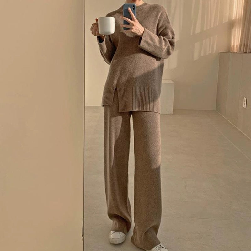 Autumn And Winter New Split Sweater Straight Loose Wide Leg Pants Two-piece Set - Dress To Impress