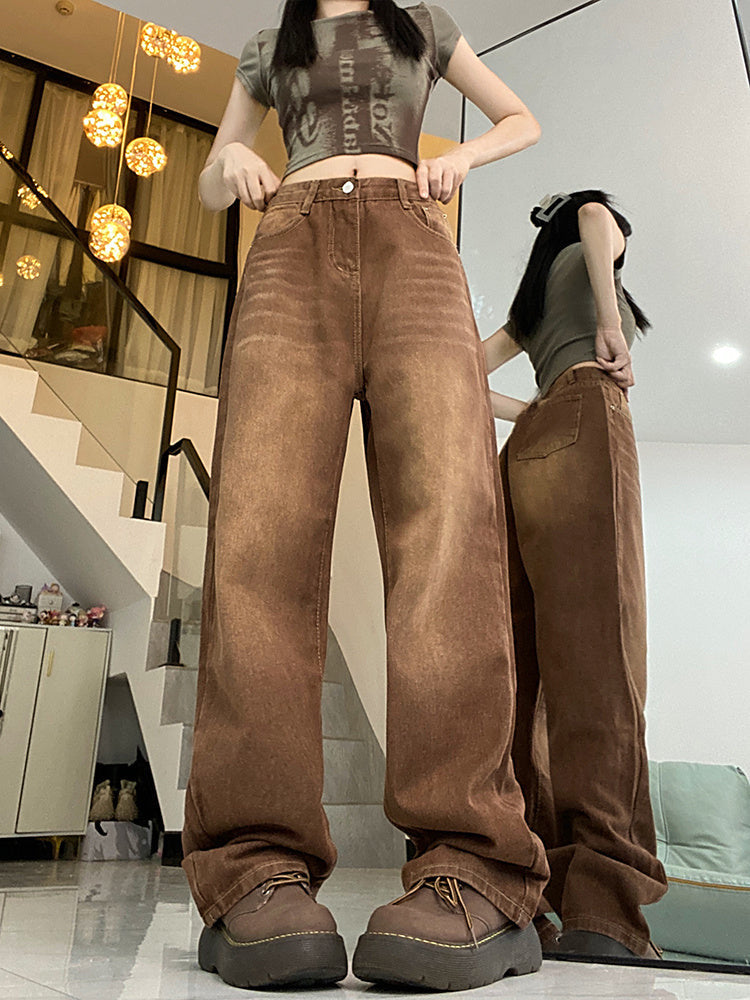 Brown Coffee Color Straight Loose Wide-leg Jeans