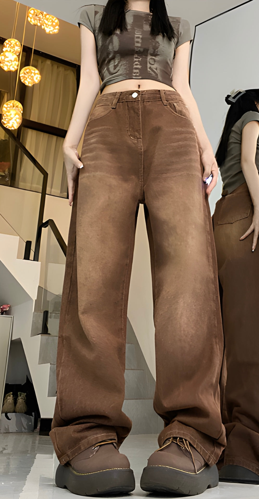 Brown Coffee Color Straight Loose Wide-leg Jeans