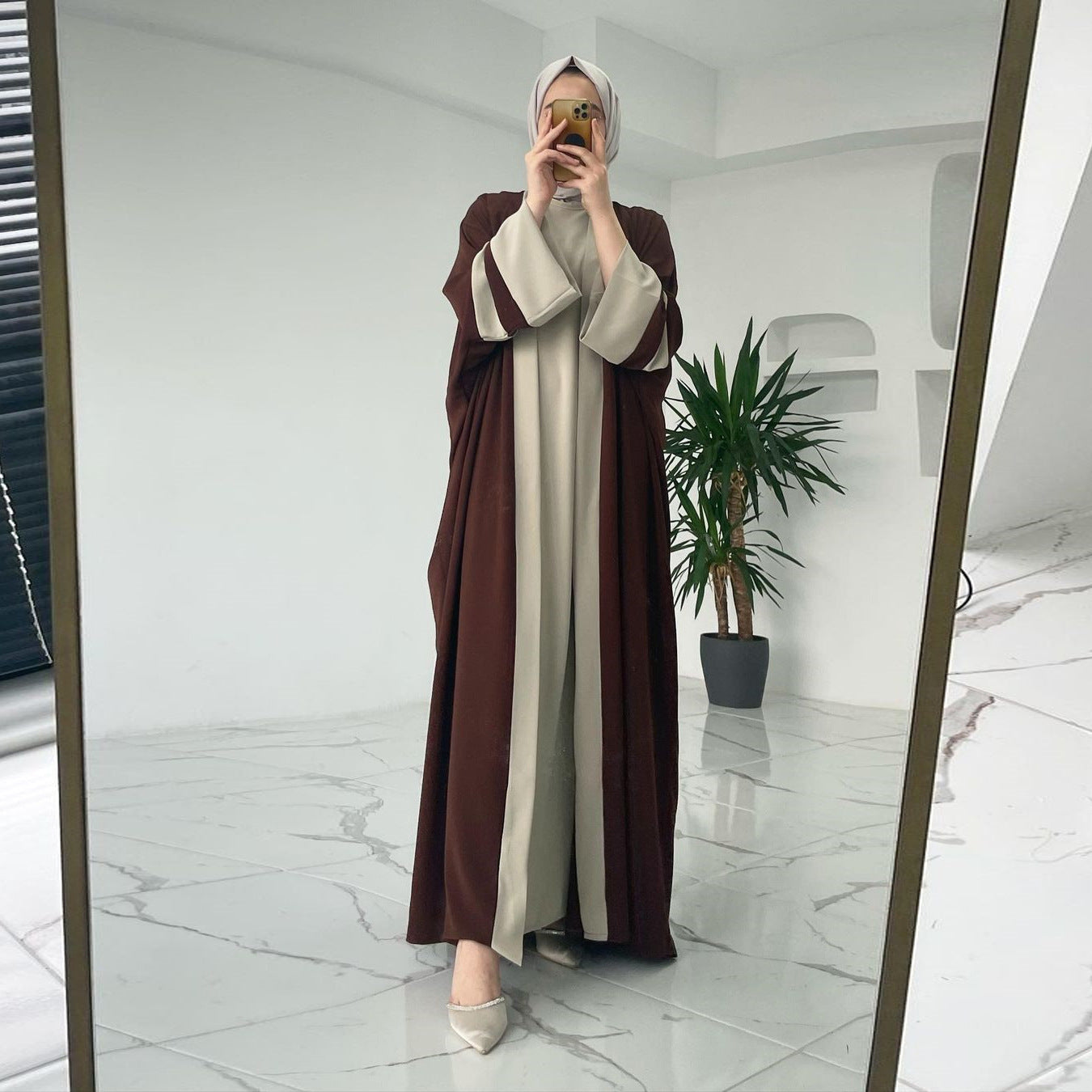 Elegant Brown Color-Blocked Abaya