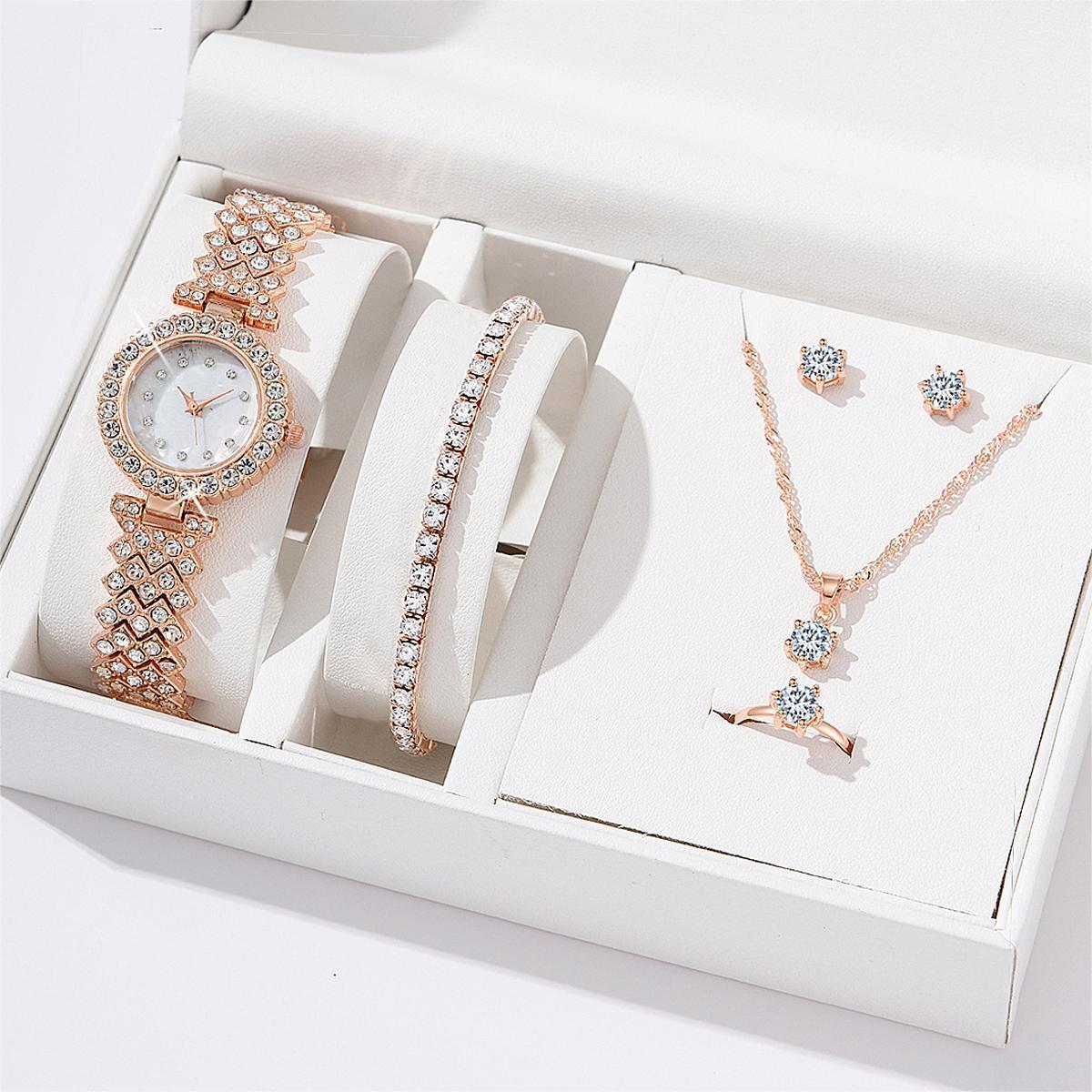 Women's Alloy Quartz Watch Necklace Earrings Bracelet Ring Suit - Dress To Impress