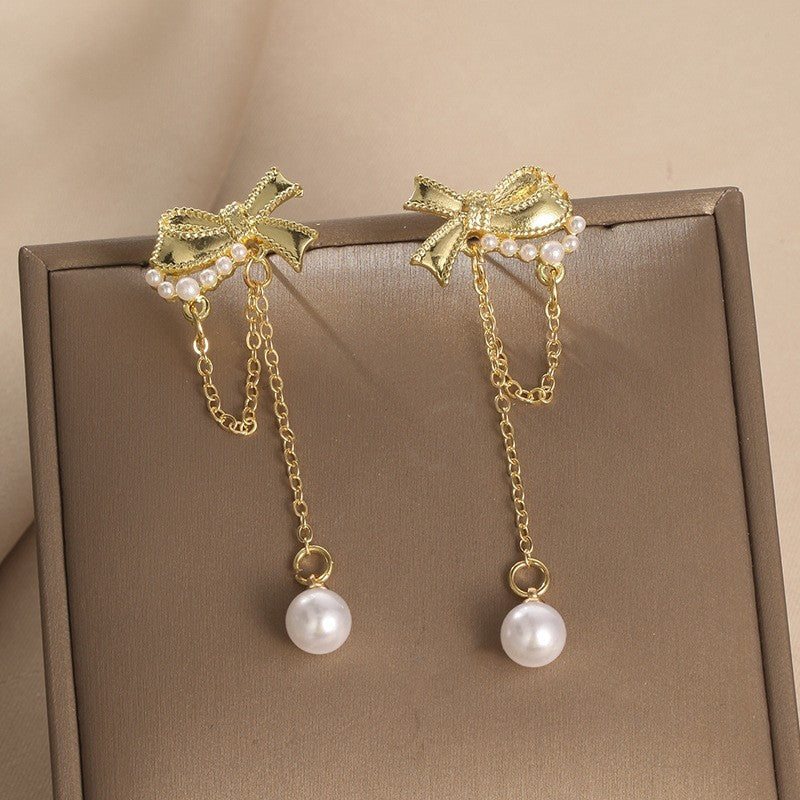 Bow Earrings Women's Long Tassel Pearl Earrings Korean Temperament High-end Personalized Earrings - Dress To Impress