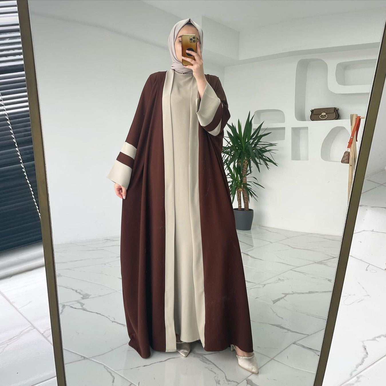 Elegant Brown Color-Blocked Abaya