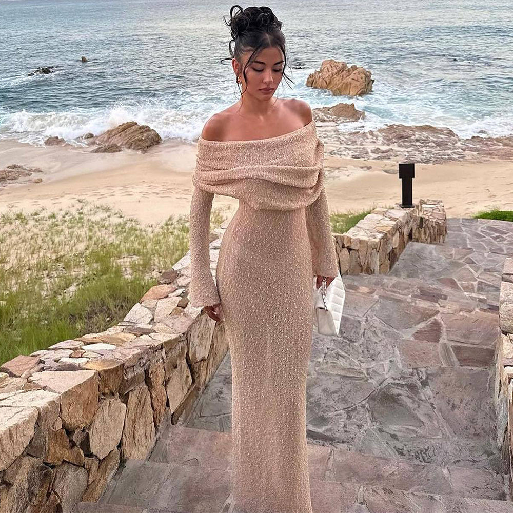 Off-Shoulder Knitted Long-Sleeve Beach Dress