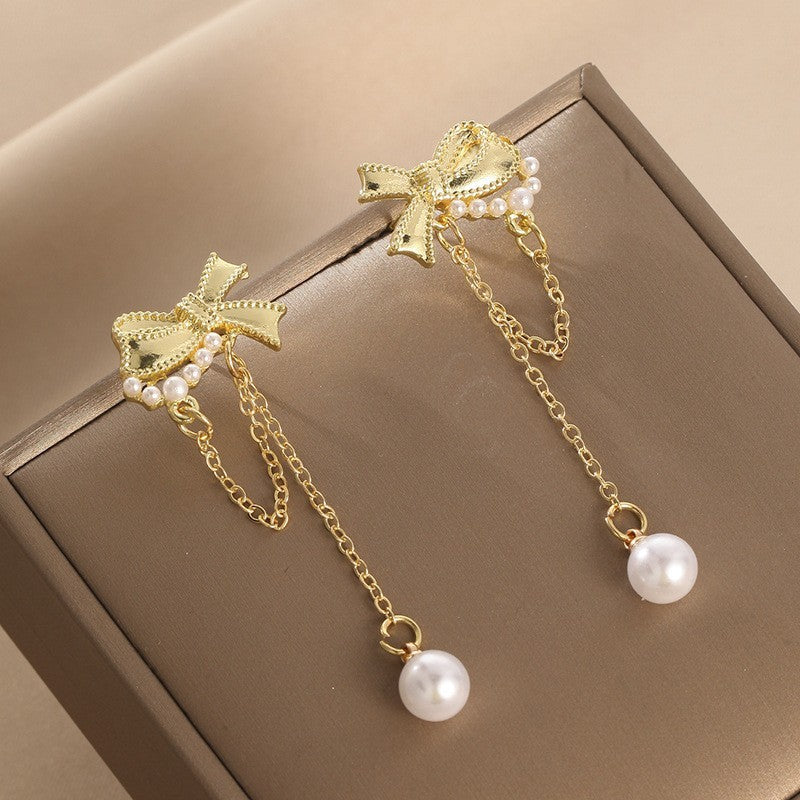 Bow Earrings Women's Long Tassel Pearl Earrings Korean Temperament High-end Personalized Earrings - Dress To Impress