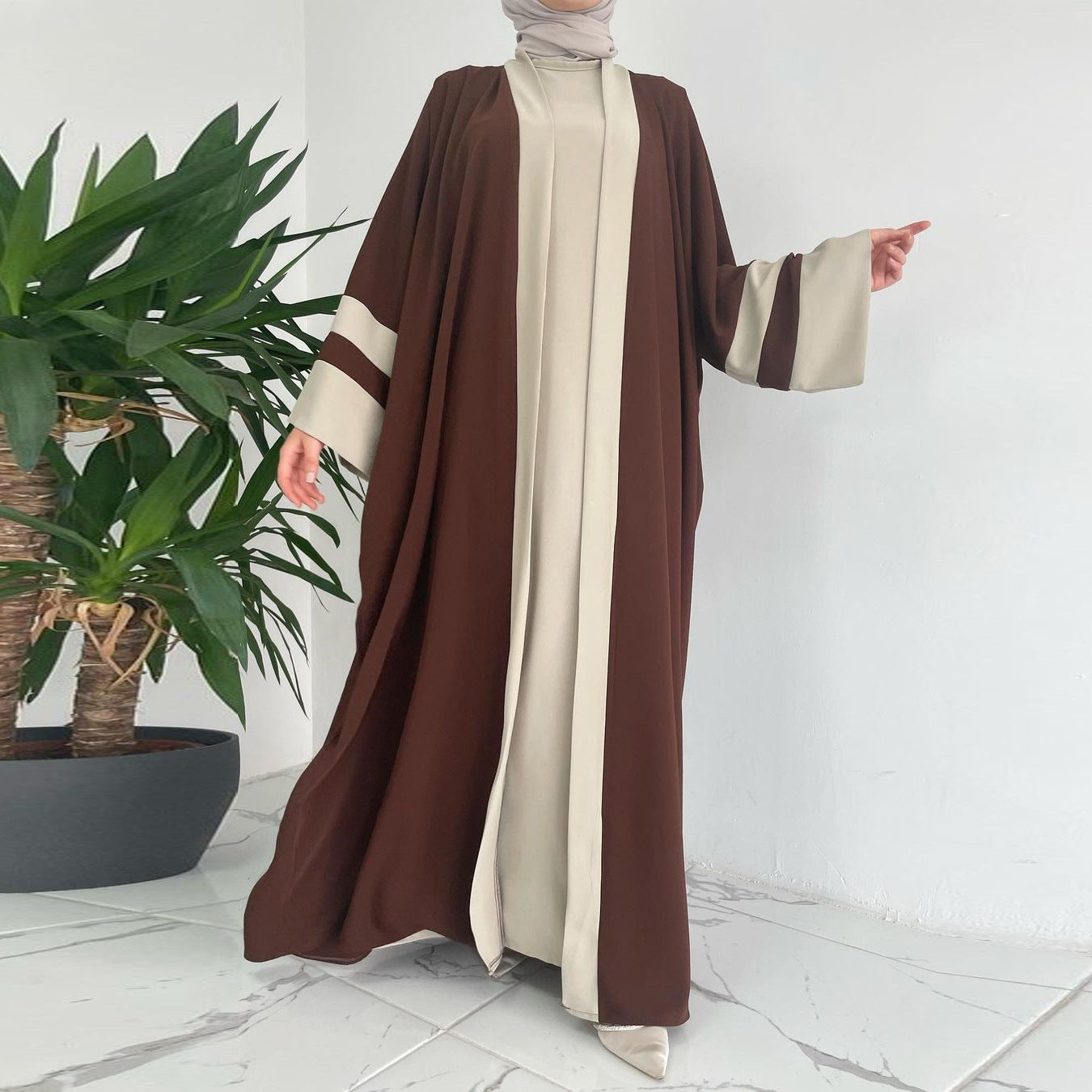 Elegant Brown Color-Blocked Abaya