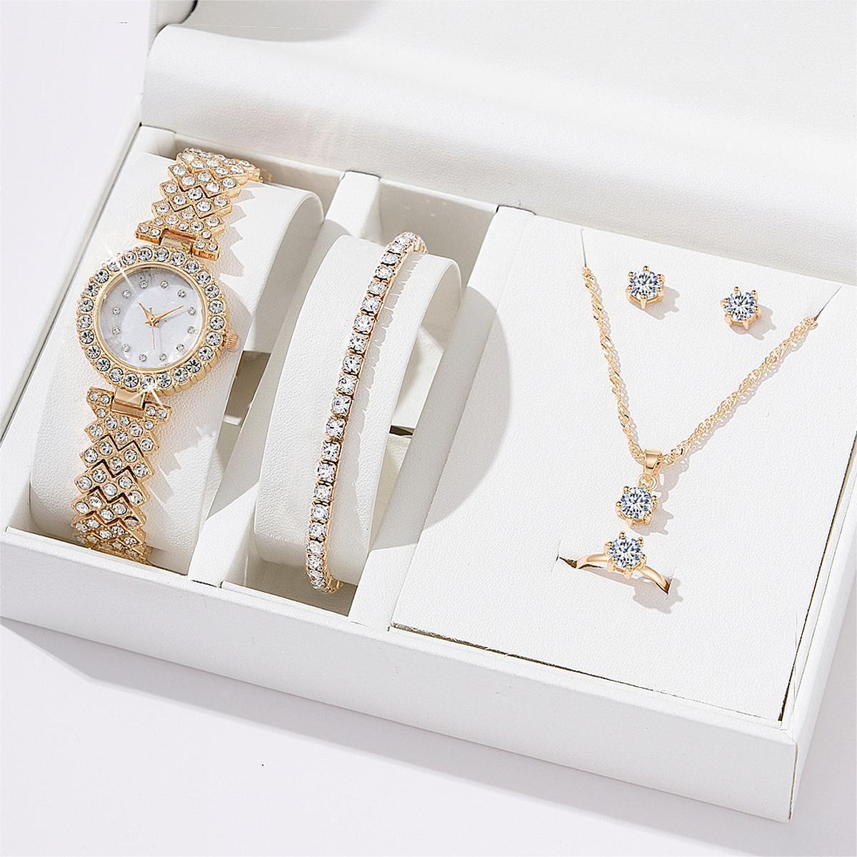 Women's Alloy Quartz Watch Necklace Earrings Bracelet Ring Suit - Dress To Impress